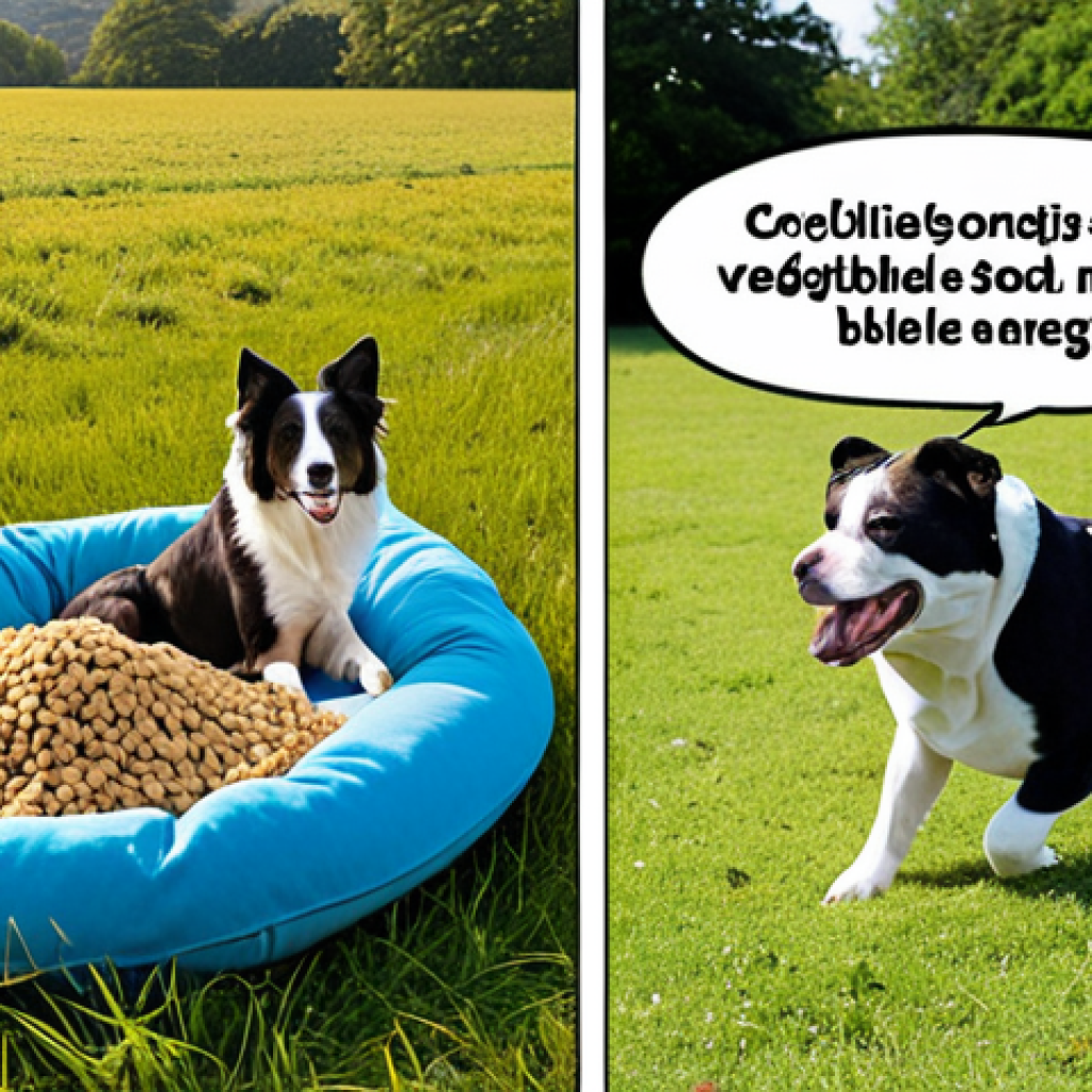 **

A split-screen: On one side, an energetic Border Collie leaps through a sunny field. On the other, a relaxed Bulldog snoozes on a plush dog bed. Above each dog is a floating speech bubble; the Collie's contains kibble with visible meat chunks, the Bulldog's shows kibble with visible vegetables. Text overlay: "Decoding Dog Food: Energy vs. Relaxation." Stylized, colorful illustration.

**