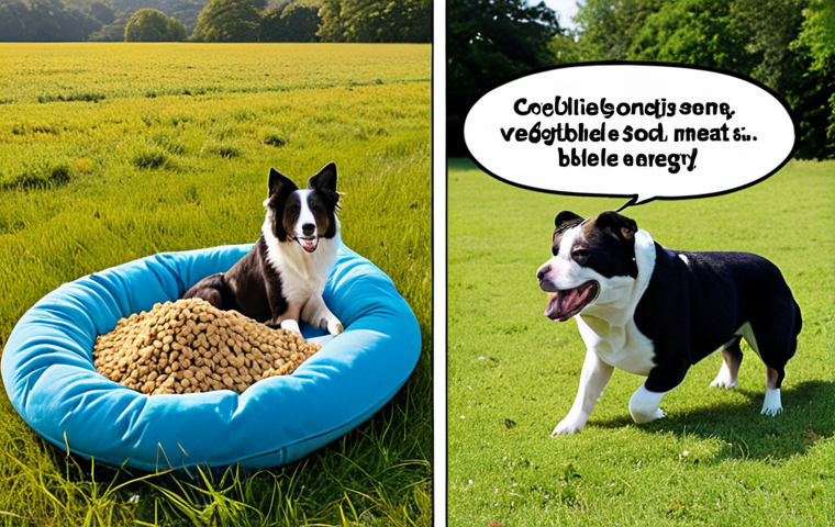 **

A split-screen: On one side, an energetic Border Collie leaps through a sunny field. On the other, a relaxed Bulldog snoozes on a plush dog bed. Above each dog is a floating speech bubble; the Collie's contains kibble with visible meat chunks, the Bulldog's shows kibble with visible vegetables. Text overlay: "Decoding Dog Food: Energy vs. Relaxation." Stylized, colorful illustration.

**