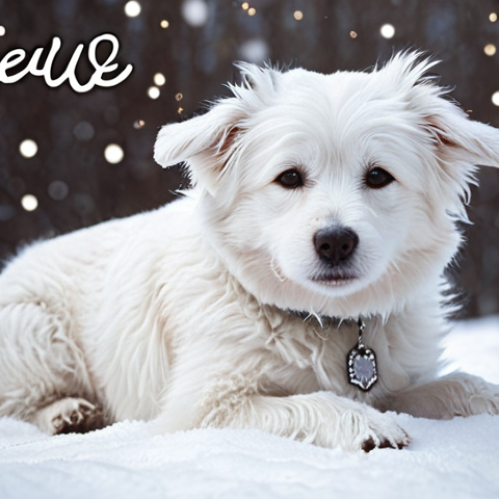 **Image Prompt:** A fluffy, white dog playfully sitting in the snow, with the word "Nieve" (Snow) elegantly written in cursive above it.  Soft, dreamy lighting.