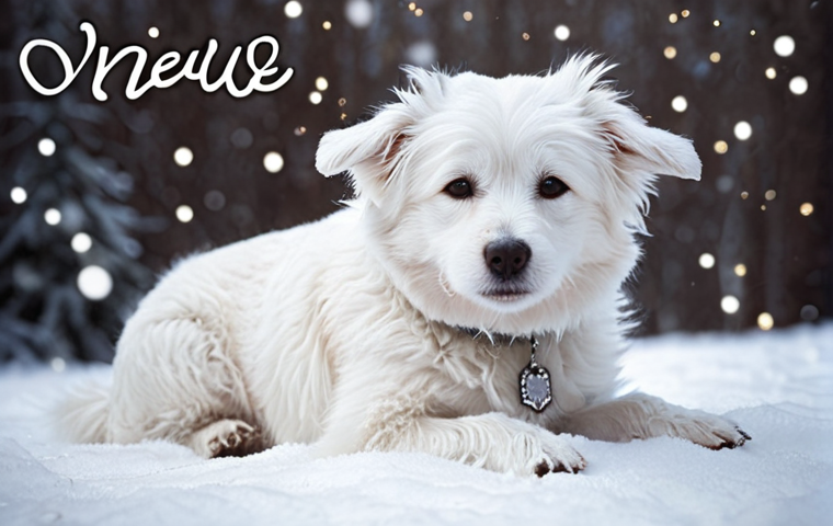 **Image Prompt:** A fluffy, white dog playfully sitting in the snow, with the word "Nieve" (Snow) elegantly written in cursive above it.  Soft, dreamy lighting.