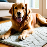 A warm, inviting full shot of a happy Golden Retriever, comfortably lying on a soft, natural-colored rug in a sunlit living room. The dog is looking directly at the camera with gentle eyes, a soft smile. A well-loved, colorful chew toy is nearby. The scene emphasizes natural light and a peaceful atmosphere. Perfect anatomy, correct proportions, natural pose, well-formed paws, natural body proportions, safe for work, appropriate content, animal in its natural, healthy state, family-friendly, professional photography, high quality, soft focus, serene.