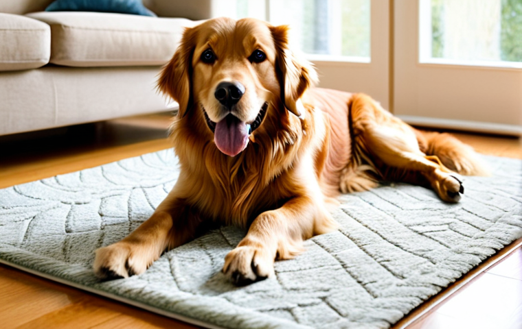 A warm, inviting full shot of a happy Golden Retriever, comfortably lying on a soft, natural-colored rug in a sunlit living room. The dog is looking directly at the camera with gentle eyes, a soft smile. A well-loved, colorful chew toy is nearby. The scene emphasizes natural light and a peaceful atmosphere. Perfect anatomy, correct proportions, natural pose, well-formed paws, natural body proportions, safe for work, appropriate content, animal in its natural, healthy state, family-friendly, professional photography, high quality, soft focus, serene.