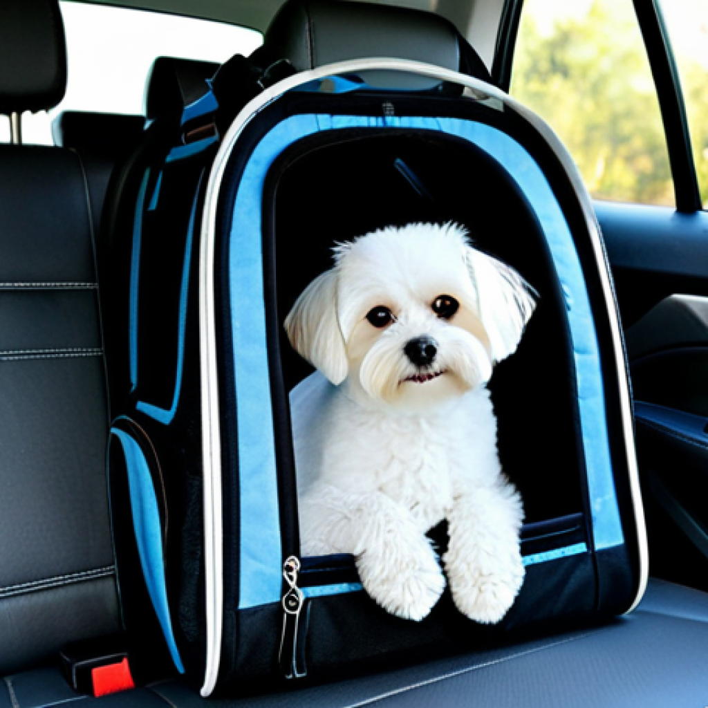 A small, well-groomed Bichon Maltes dog comfortably resting inside a high-quality, soft-sided pet carrier. The carrier features ample mesh windows for excellent ventilation and a plush, padded interior, securely placed on the back seat of a modern car with a visible seatbelt attachment. The scene conveys a sense of peace and safety during travel. Professional photography, high resolution, sharp focus, natural lighting, perfect anatomy, correct proportions, natural pose. safe for work, appropriate content, fully clothed, modest clothing, family-friendly.