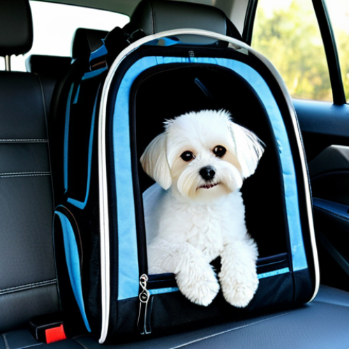 A small, well-groomed Bichon Maltes dog comfortably resting inside a high-quality, soft-sided pet carrier. The carrier features ample mesh windows for excellent ventilation and a plush, padded interior, securely placed on the back seat of a modern car with a visible seatbelt attachment. The scene conveys a sense of peace and safety during travel. Professional photography, high resolution, sharp focus, natural lighting, perfect anatomy, correct proportions, natural pose. safe for work, appropriate content, fully clothed, modest clothing, family-friendly.