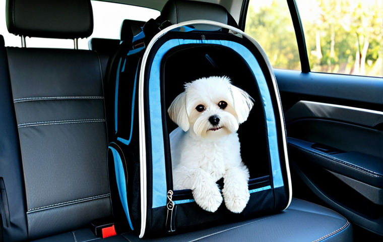 A small, well-groomed Bichon Maltes dog comfortably resting inside a high-quality, soft-sided pet carrier. The carrier features ample mesh windows for excellent ventilation and a plush, padded interior, securely placed on the back seat of a modern car with a visible seatbelt attachment. The scene conveys a sense of peace and safety during travel. Professional photography, high resolution, sharp focus, natural lighting, perfect anatomy, correct proportions, natural pose. safe for work, appropriate content, fully clothed, modest clothing, family-friendly.