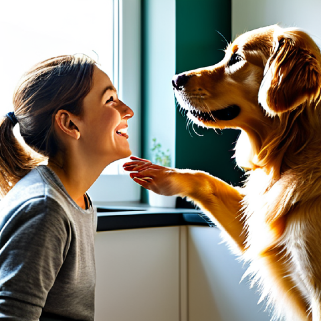 A joyful Golden Retriever dog looking up at its caring owner, who is in modest, casual attire, as the owner prepares a bowl of high-quality, healthy dog food in a bright, modern kitchen. In the background, sunlit green grass through a window suggests outdoor activity. The dog appears energetic and well-cared for. Perfect anatomy, correct proportions, natural pose, well-formed hands, proper finger count, natural body proportions. Safe for work, appropriate content, fully clothed, family-friendly, professional photography, high quality.