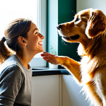A joyful Golden Retriever dog looking up at its caring owner, who is in modest, casual attire, as the owner prepares a bowl of high-quality, healthy dog food in a bright, modern kitchen. In the background, sunlit green grass through a window suggests outdoor activity. The dog appears energetic and well-cared for. Perfect anatomy, correct proportions, natural pose, well-formed hands, proper finger count, natural body proportions. Safe for work, appropriate content, fully clothed, family-friendly, professional photography, high quality.