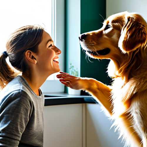 A joyful Golden Retriever dog looking up at its caring owner, who is in modest, casual attire, as the owner prepares a bowl of high-quality, healthy dog food in a bright, modern kitchen. In the background, sunlit green grass through a window suggests outdoor activity. The dog appears energetic and well-cared for. Perfect anatomy, correct proportions, natural pose, well-formed hands, proper finger count, natural body proportions. Safe for work, appropriate content, fully clothed, family-friendly, professional photography, high quality.