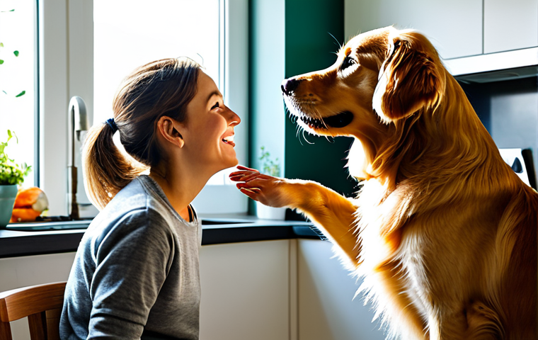 A joyful Golden Retriever dog looking up at its caring owner, who is in modest, casual attire, as the owner prepares a bowl of high-quality, healthy dog food in a bright, modern kitchen. In the background, sunlit green grass through a window suggests outdoor activity. The dog appears energetic and well-cared for. Perfect anatomy, correct proportions, natural pose, well-formed hands, proper finger count, natural body proportions. Safe for work, appropriate content, fully clothed, family-friendly, professional photography, high quality.