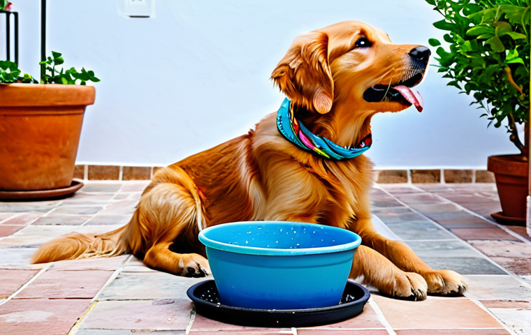 Summer Hydration**
"A happy Golden Retriever puppy, fully clothed in a small, colorful bandana, playfully drinking from a water bowl in a sunny Spanish patio. The patio is decorated with vibrant flowerpots and terracotta tiles. Focus on the joy and refreshment. Perfect anatomy, correct proportions, well-formed paws, safe for work, appropriate content, modest, family-friendly, high-quality rendering, natural pose."
**