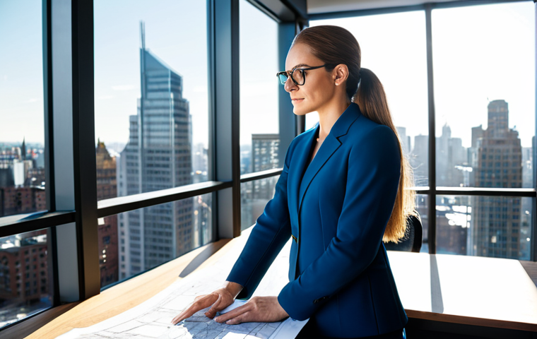 **

A professional female architect in a modern, sunlit office, reviewing blueprints. She wears a stylish, fully clothed pantsuit and glasses. The office features a large window overlooking a vibrant cityscape. Focus on perfect anatomy, correct proportions, and a natural pose. Safe for work, appropriate content, professional, fully clothed, high quality, well-formed hands.

**