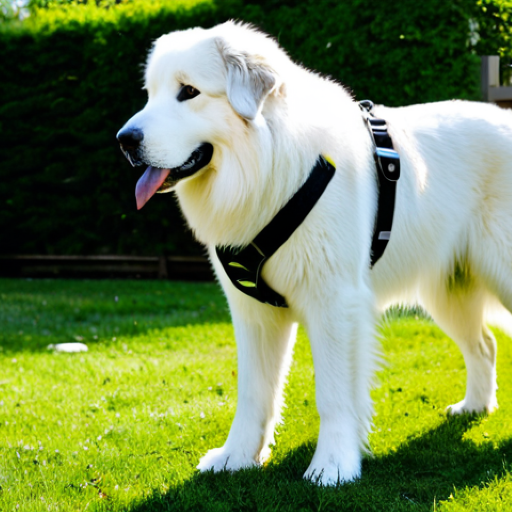 그레이트 피레니즈의 성격 - Gentle Guardian**

"A majestic Great Pyrenees dog, fully clothed with a professional-looking harness...
