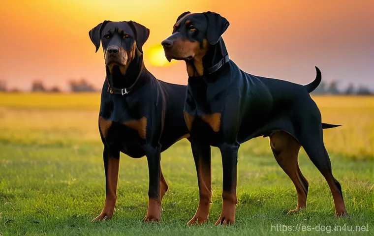 도베르만과 로트와일러 비교 - **Prompt: "A powerful and serene Rottweiler sits confidently on a clean, paved pathway in front of a...