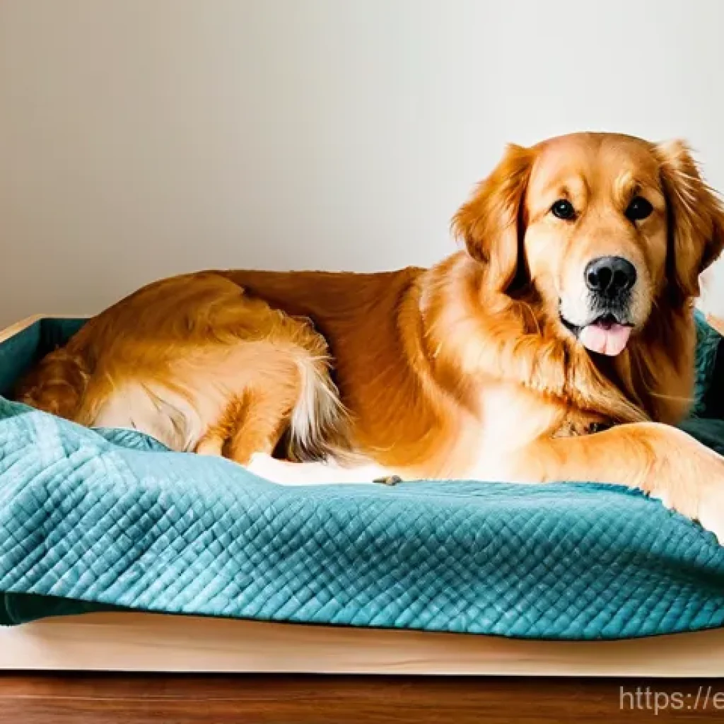 강아지 출산 준비 - **A serene and warm whelping box scene:** A calm, heavily pregnant Golden Retriever dog, with a gent...