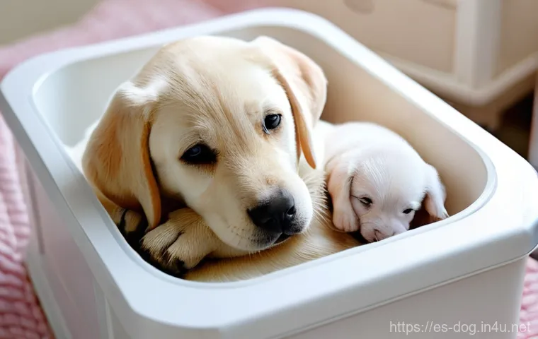강아지 출산 준비 - **A serene and warm whelping box scene:** A calm, heavily pregnant Golden Retriever dog, with a gent...