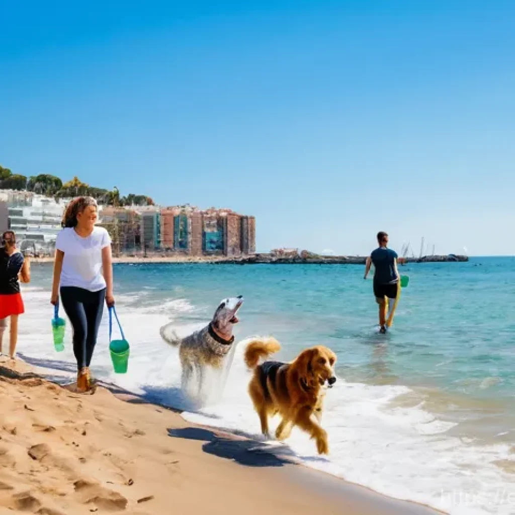 강아지와 함께 즐기는 활동 - **A Vibrant Spanish Beach Day with Dogs:**
    A wide, sun-drenched pet-friendly beach in Barcelona,...