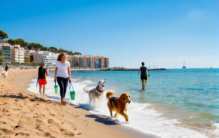 강아지와 함께 즐기는 활동 - **A Vibrant Spanish Beach Day with Dogs:**
    A wide, sun-drenched pet-friendly beach in Barcelona,...