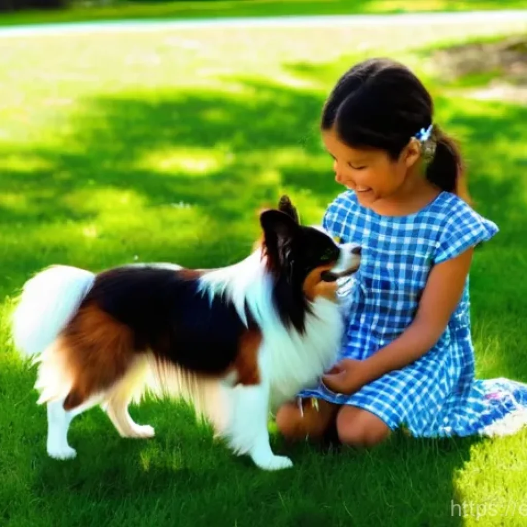 파피용의 사교성 - **Friendly Papillon in a Park**: A Papillon dog, characterized by its elegant, long, silky hair, dis...