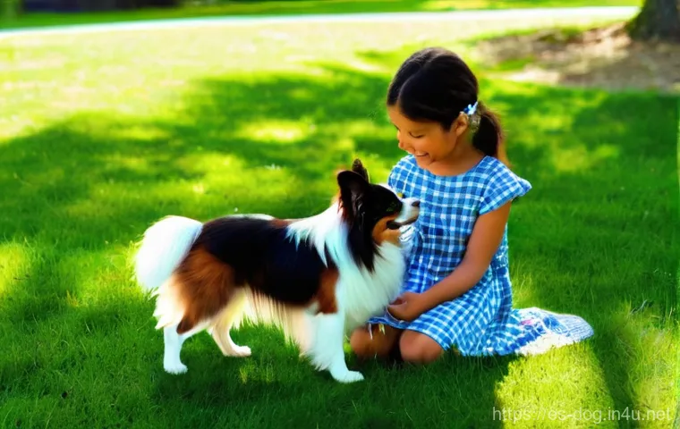 파피용의 사교성 - **Friendly Papillon in a Park**: A Papillon dog, characterized by its elegant, long, silky hair, dis...