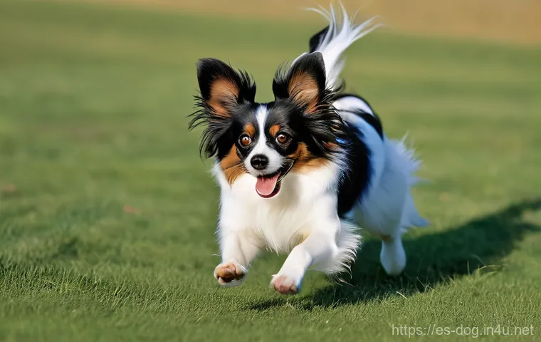 파피용의 사교성 - **Friendly Papillon in a Park**: A Papillon dog, characterized by its elegant, long, silky hair, dis...