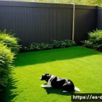 강아지 배변 훈련 - A well-lit, cozy backyard scene showing a medium-sized dog sniffing and circling on a clean, grassy ...