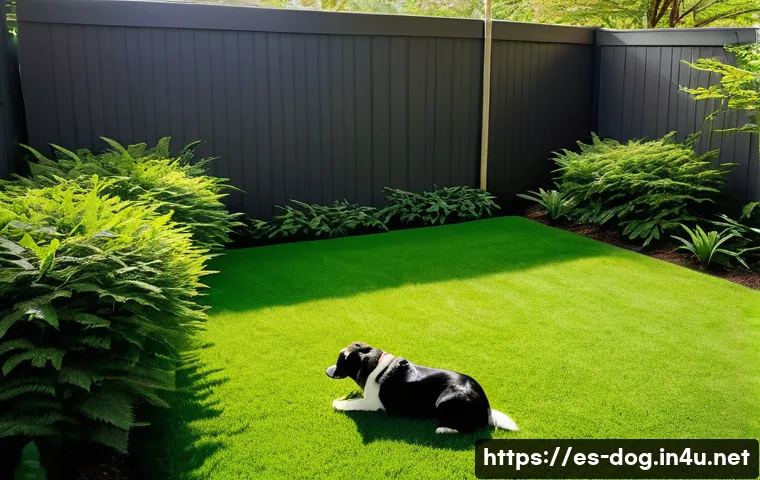 강아지 배변 훈련 - A well-lit, cozy backyard scene showing a medium-sized dog sniffing and circling on a clean, grassy ...