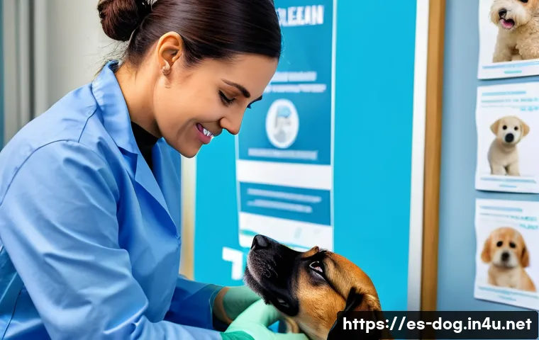 강아지 예방접종 일정 - A caring veterinarian gently administering a vaccine injection to a young Spanish puppy wearing a pr...