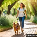 강아지와의 추억 만들기 - A joyful young adult walking their medium-sized dog wearing a comfortable harness and leash through ...