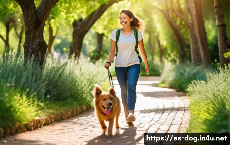 강아지와의 추억 만들기 - A joyful young adult walking their medium-sized dog wearing a comfortable harness and leash through ...