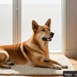 진돗개의 독립성 - A dignified Jindo dog sitting calmly in a cozy, sunlit corner of a modern Spanish living room, with ...