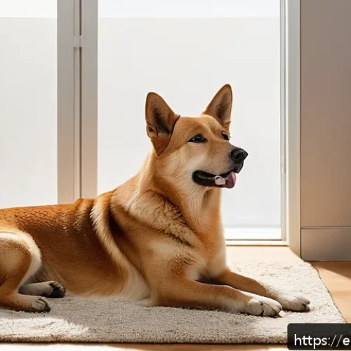 진돗개의 독립성 - A dignified Jindo dog sitting calmly in a cozy, sunlit corner of a modern Spanish living room, with ...