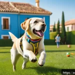 래브라도 리트리버와 골든 리트리버 비교 - A lively Labrador Retriever playing fetch in a spacious sunny park in a Spanish neighborhood, surrou...