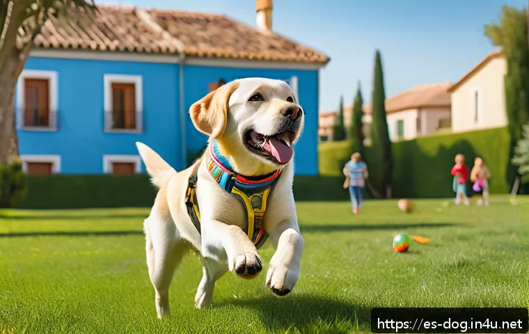 래브라도 리트리버와 골든 리트리버 비교 - A lively Labrador Retriever playing fetch in a spacious sunny park in a Spanish neighborhood, surrou...