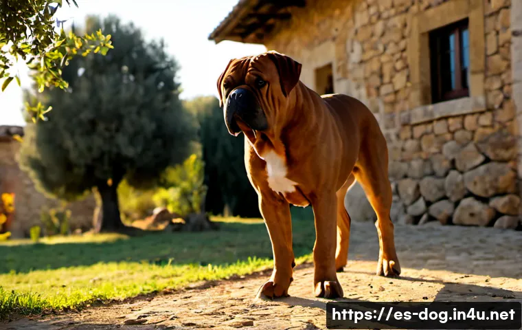 Home 16 도그 드 보르도의 힘 - Photorealistic powerful Dogue de Bordeaux standing firmly on a sunlit rural Spanish estate, muscular...