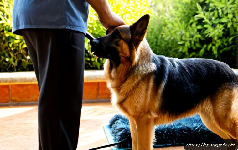 저먼 셰퍼드의 털 관리 - Photorealistic close-up of a well-groomed German Shepherd standing calmly on a sunlit patio, a carin...