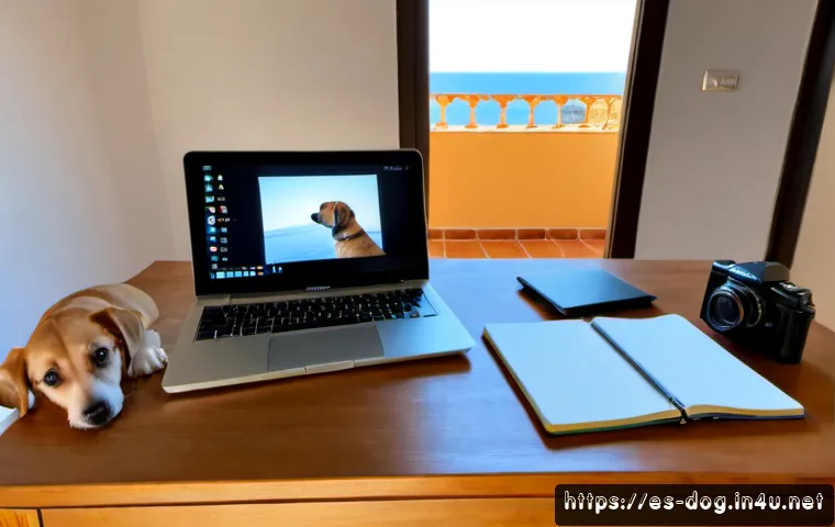 강아지 블로그 운영 노하우 - Photorealistic cozy home office in Spain, a friendly small dog resting beside a wooden desk while it...