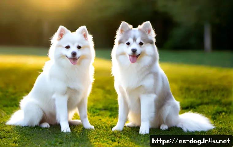 스피츠의 종류 - Photorealistic outdoor group portrait of four distinct spitz-type dogs representing different variet...