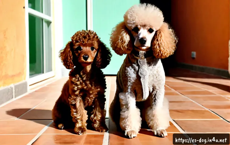 푸들 크기별 차이점 - Photorealistic size comparison of three healthy poodles standing side by side on a sunlit Spanish ap...