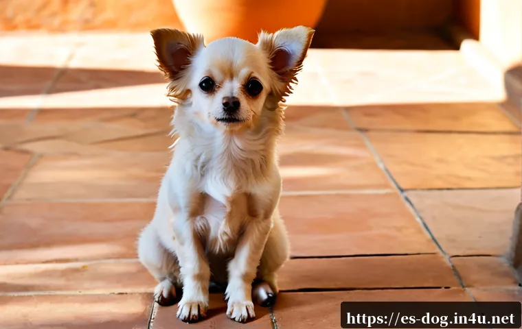 Home 17 치와와와 푸들의 교배 - Photorealistic Chihuahua–Poodle mix puppy with a curly cream coat and alert ears, sitting on terraco...
