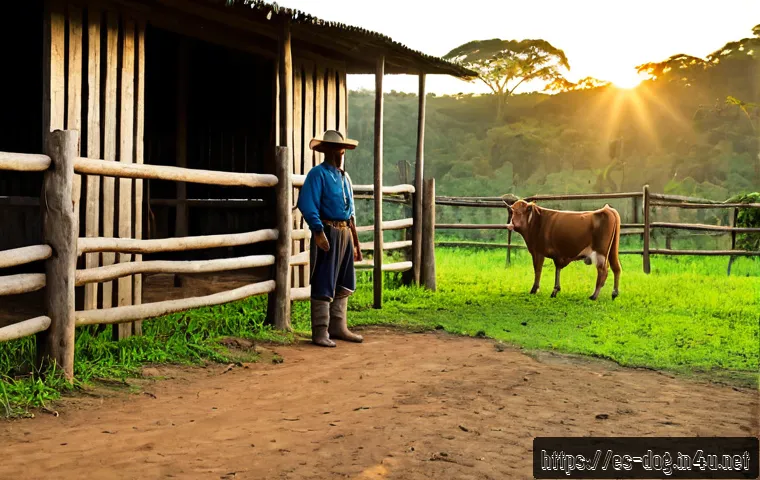 필라 브라질레이로의 역사 - Photorealistic historical scene in rural Brazil, late 19th century cattle ranch at sunrise, a powerf...